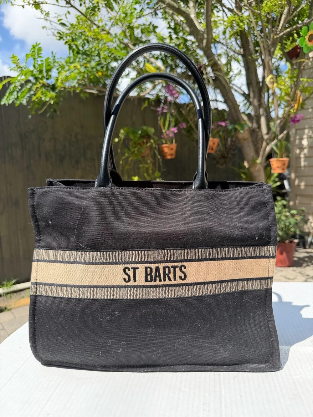 St Barts black canvas tote bag beige stripe resort beach handbag